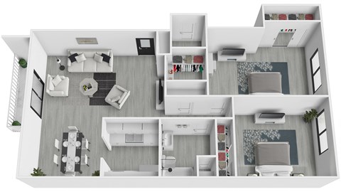 A 3D floor plan of a house showing the layout of the rooms.